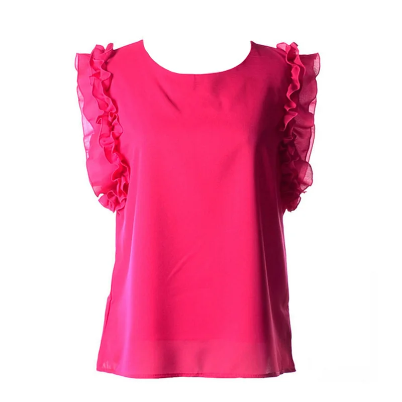 Женская блузка с оборками в виде листьев лотоса шифоновая круглым вырезом