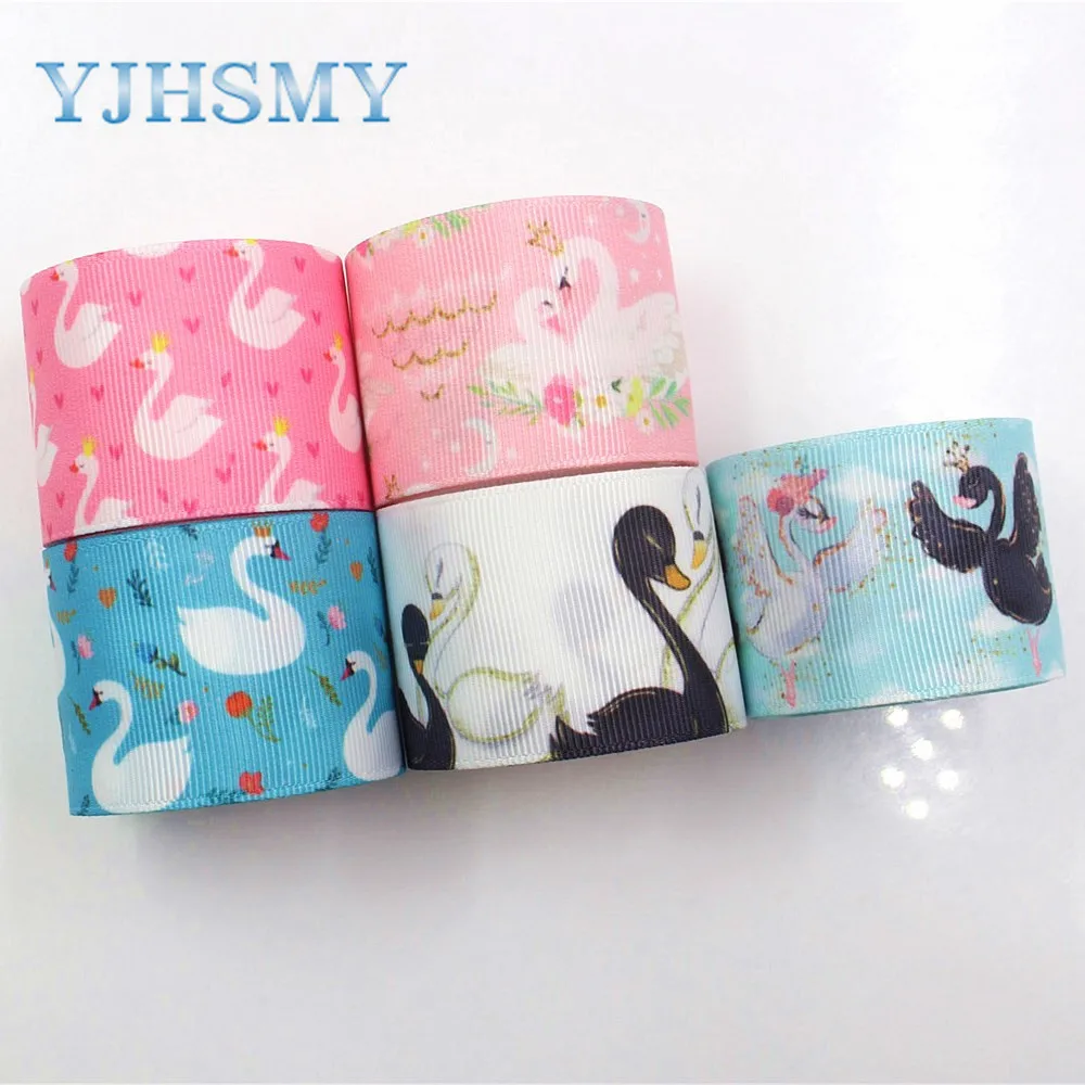 

YJHSMY I-19221-435,38mm 5yards Cartoon swan Thermal transfer Printed grosgrain Ribbons,bow cap DIY accessories decorations