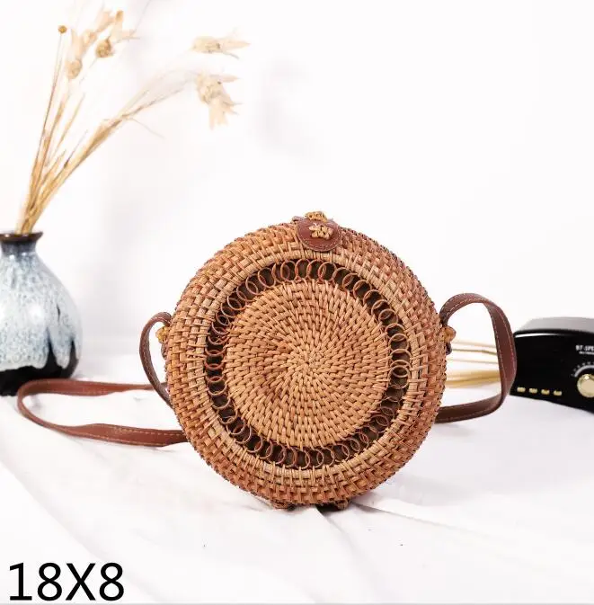 18x8cm Плетеная Сумка из ротанга, круглая соломенная сумка на плечо, маленькие пляжные сумки, женские летние полые сумки ручной работы, сумки через плечо - Цвет: 18x8cm