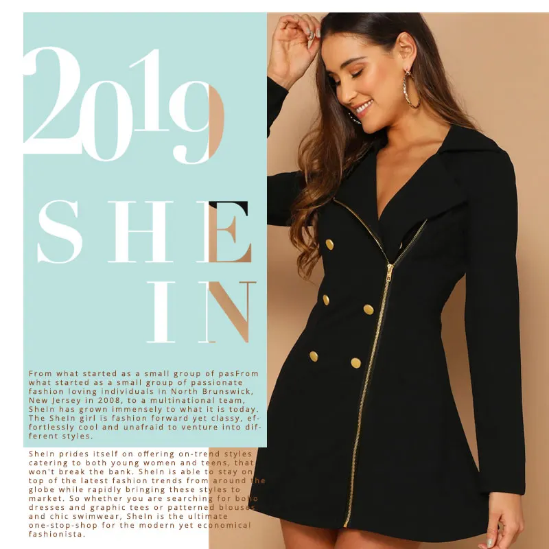 SHEIN Двубортное Платье На Молнии Женское Черное Осеннее Элегантное Платье С Длинными Рукавами
