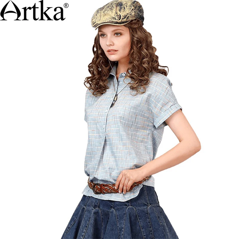 ARTKA 2018 летняя Новинка Асимметричная простая 100% хлопковая клетчатая 3 цвета блузка