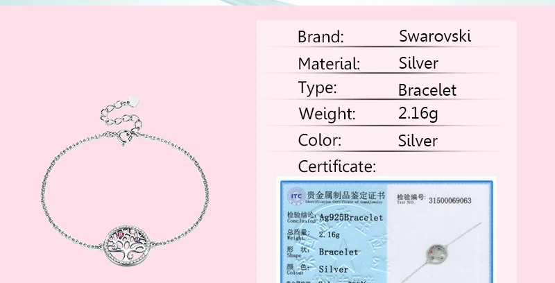 Браслет «Древо жизни» с кристаллами Swarovski для женщин, элегантный 925 пробы, серебряная цепочка, браслеты, аксессуары, свадебные украшения