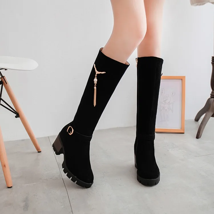 Сапоги выше колена женские ботфорты с металлическим жемчугом на молнии сбоку