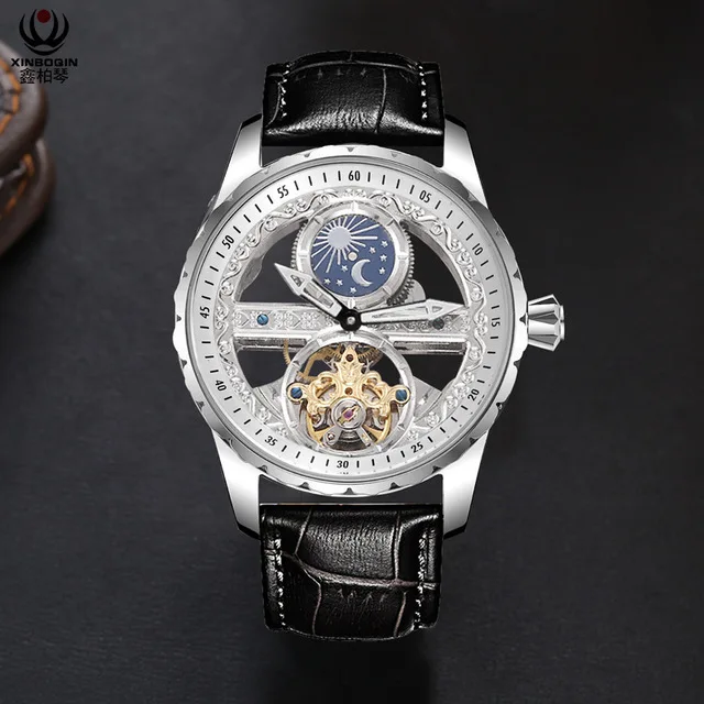 Black Silver Креативные прозрачные мужские механические часы с автоматическим заводом, часы с турбийоном из натуральной кожи, водонепроницаемые часы Montre Moon Phase - Цвет: Black Silver