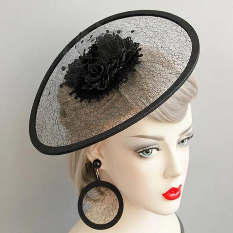 Black with earrings 26,5 см/10,4 дюйма Очаровательная круглая черная Цветочная Женская головная повязка кружевная сетчатая повязка для волос Коктейльная шляпа вечерние женские вуалетки - Цвет: Black with earrings