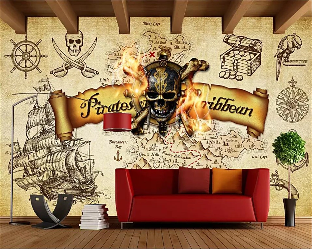 

beibehang Custom Wallpapers 3d Photo Murals Europe and America Retro Pirate Boat Bar Cafe Background Wall paper papel de parede