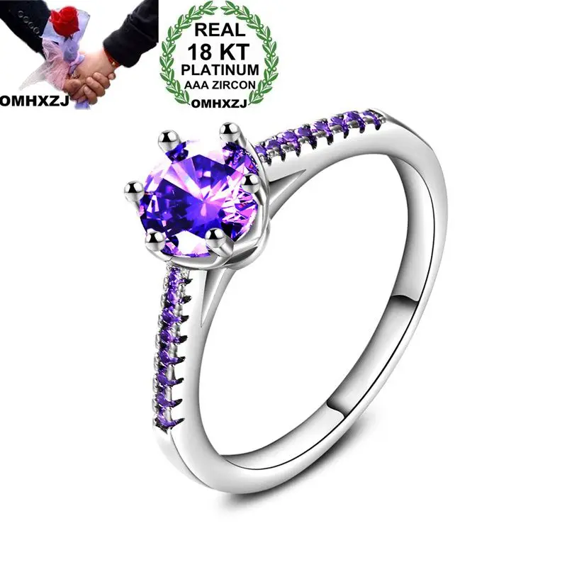 

OMHXZJ Wholesale Personality Fashion Woman Girl Party Wedding Gift White Purple Luxury AAA Zircon 18KT White Gold Ring RN56