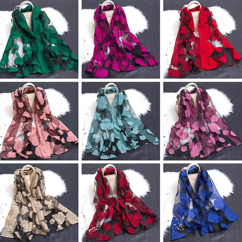 Новый Элегантный легкий Шелковый длинный шарф из органзы с цветочной вышивкой