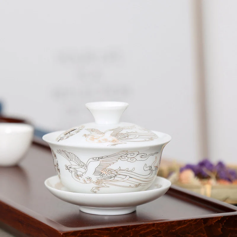 Китайский Традиционный Чайный сервиз Gaiwan, изысканный цветочный и птичий узор, фарфоровый чайный сервиз для путешествий, легкий чайник