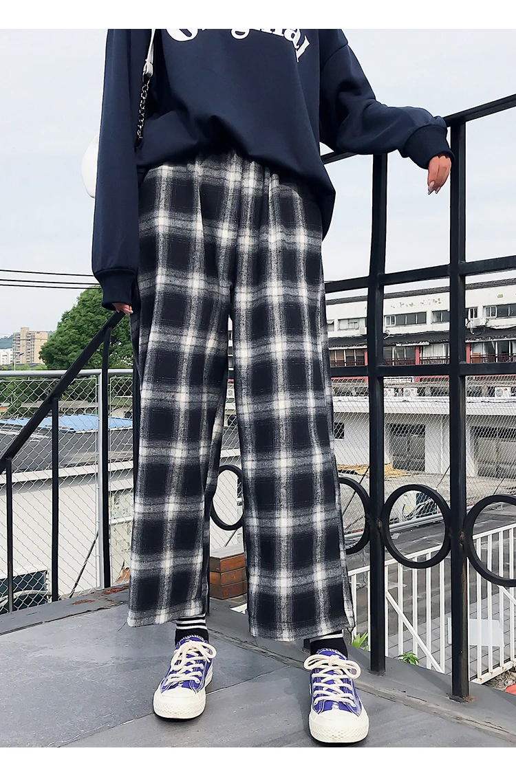 Jielur Ulzzang, корейские женские штаны,, Харадзюку, хип-хоп хипстер, свободные широкие штаны, черные клетчатые панталоны, женская уличная одежда, M-XL