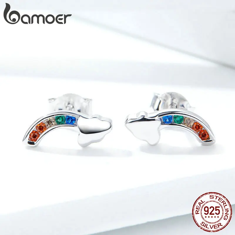BAMOER Новые подлинные 925 пробы серебряные разноцветные радужные и облачные серьги-гвоздики для женщин корейские ювелирные изделия для ушей SCE500
