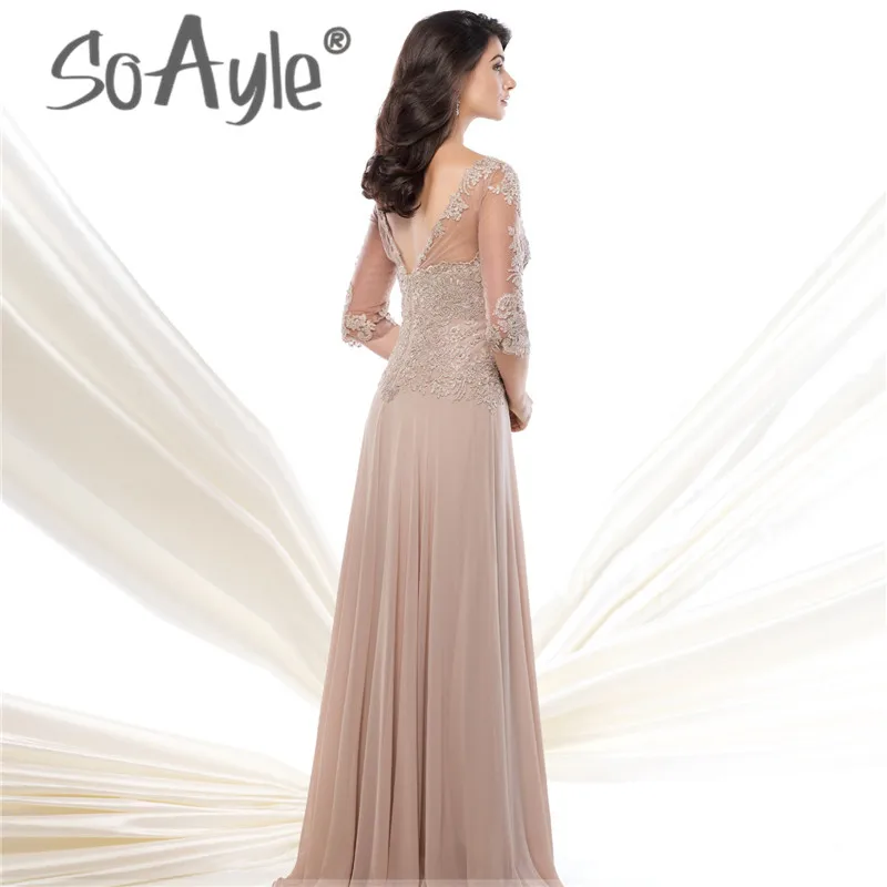 SoAyle 2017 Шифон-Линии с ручной бисером кружевные Аппликации три четверти Рукава Scoop