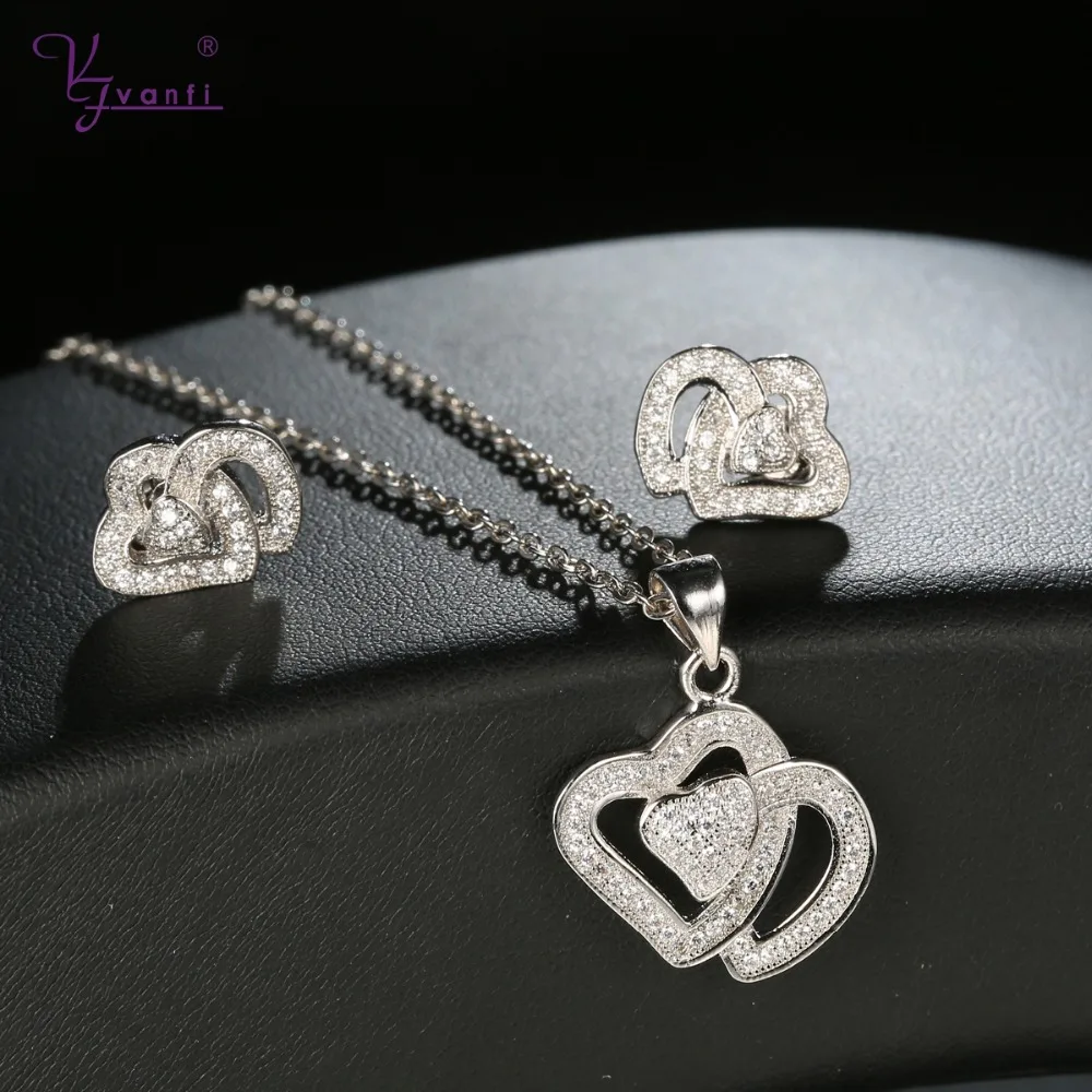 

2018 New Fashion Charm Necklaces Earring Gold /White Color Double Heart-Shaped Love Jewelry Sets For Valentine 's Day Gift