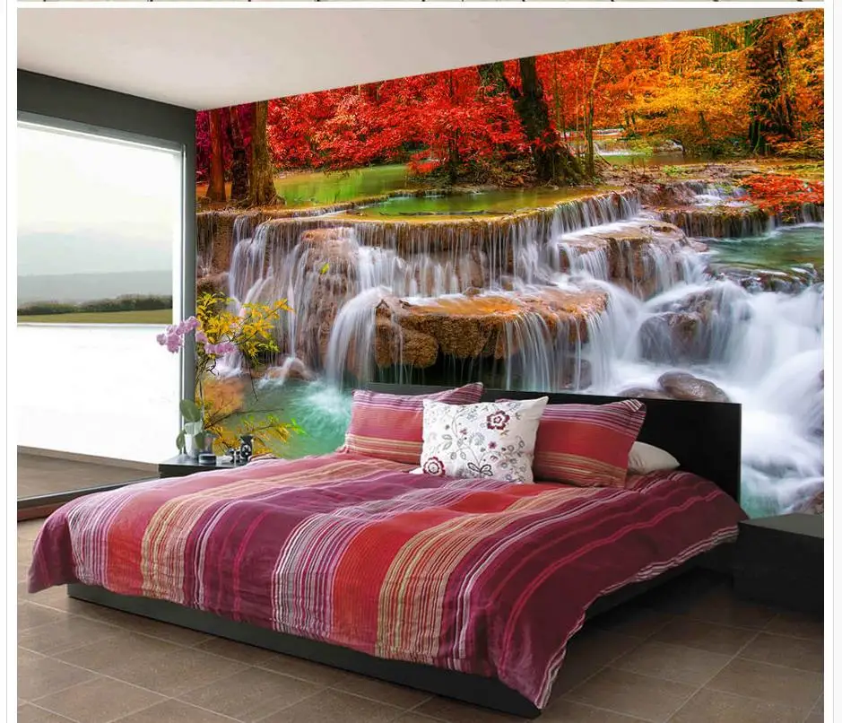 

Пользовательские обои любого размера 3D в эстетике осени красный лес водопад современные обои для гостиной 3d обои для комнаты