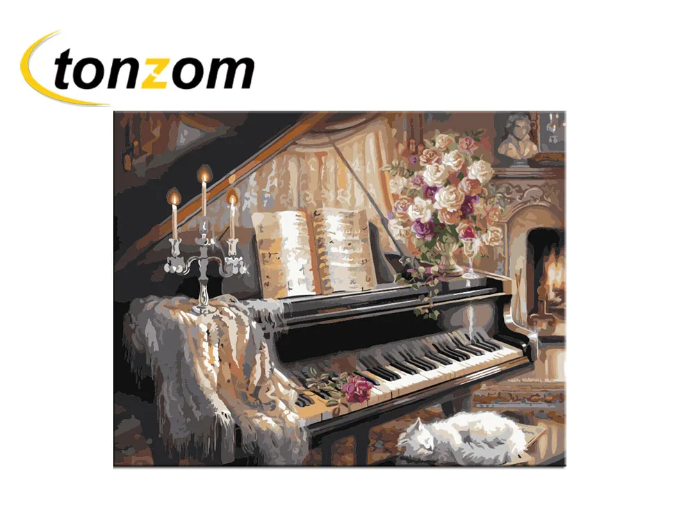 RIHE Piano Diy Краска по номерам живопись маслом Кот музыка Куадрос Decoracion Акриловая Краска на холсте Современная Настенная живопись подарок