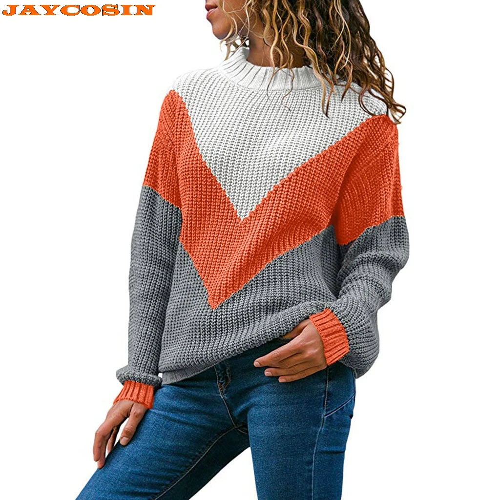 JAYCOSIN Hot Fashion Design Women Round Neck Color Block Long Sleeve Knitted Sweater Tops Pullover Jumper High Quality | Женская одежда