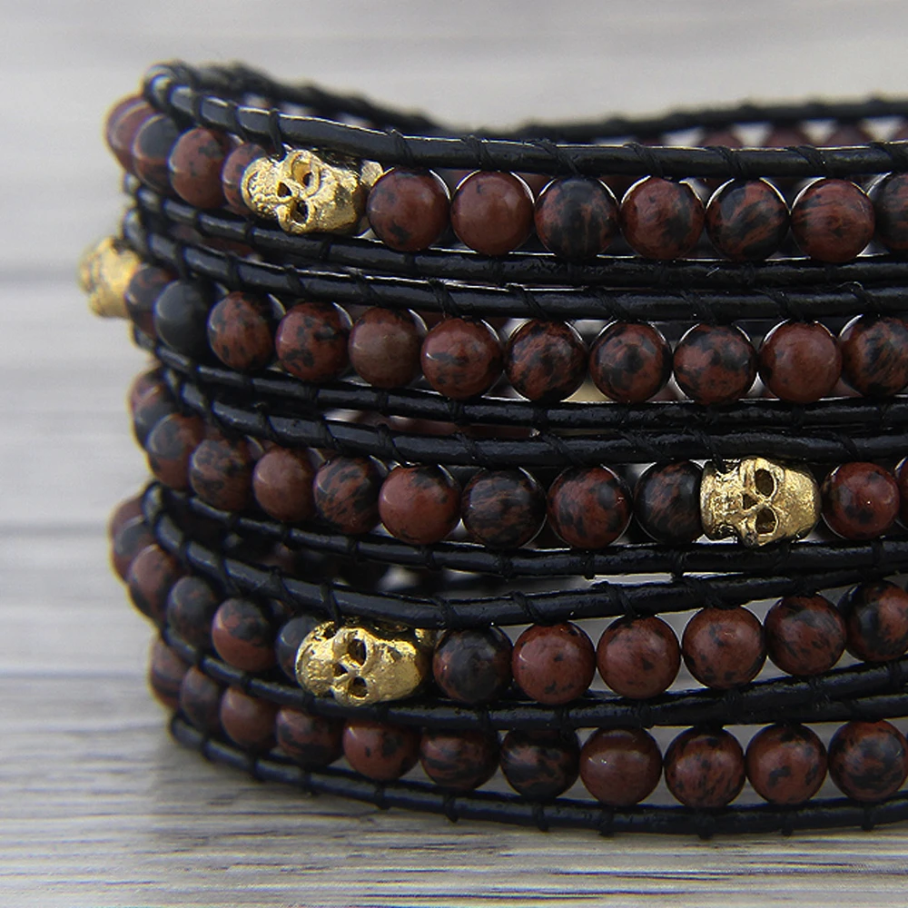 Женский кожаный браслет boho из красных бусин с золотым черепом для йоги Прямая