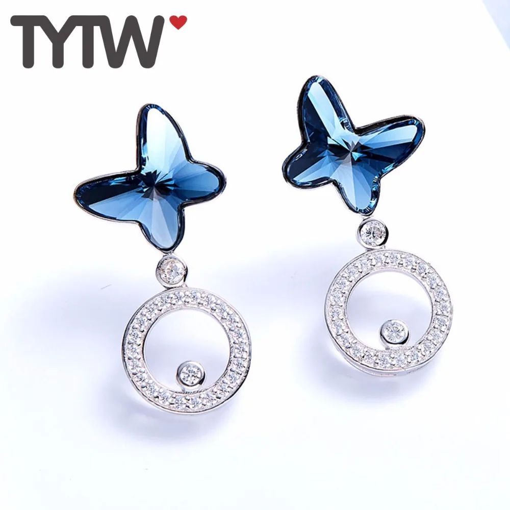 TYTW 925 Sterling Silver Dazzling Stud Earring Crystals form Austrian Blue Fashion Women Butterfly Earrings Chic Jewelry | Украшения и