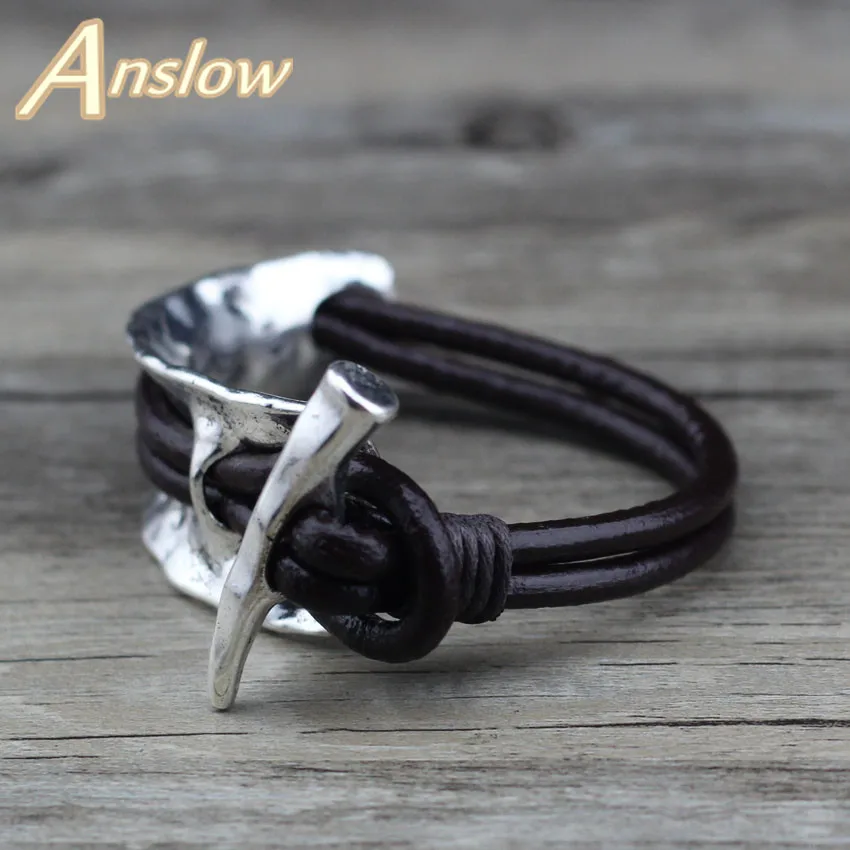 Мужские большие кожаные браслеты Anslow из цинкового сплава в стиле ретро