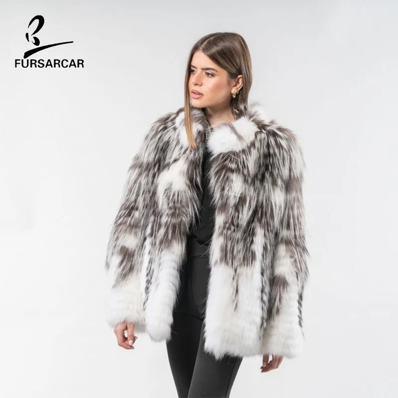 Женская Шуба с лисьим мехом FURSARCAR коричневое/белое пальто на натуральном меху 2019 |