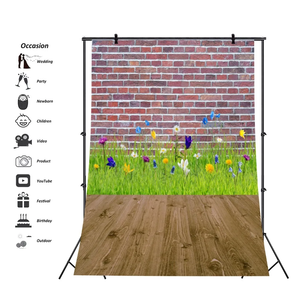 Laeacco Brick Wall Wooden Floor Spring Flowers Grass Baby Child Scenic Photo Backgrounds Photography Backdrops Studio | Электроника