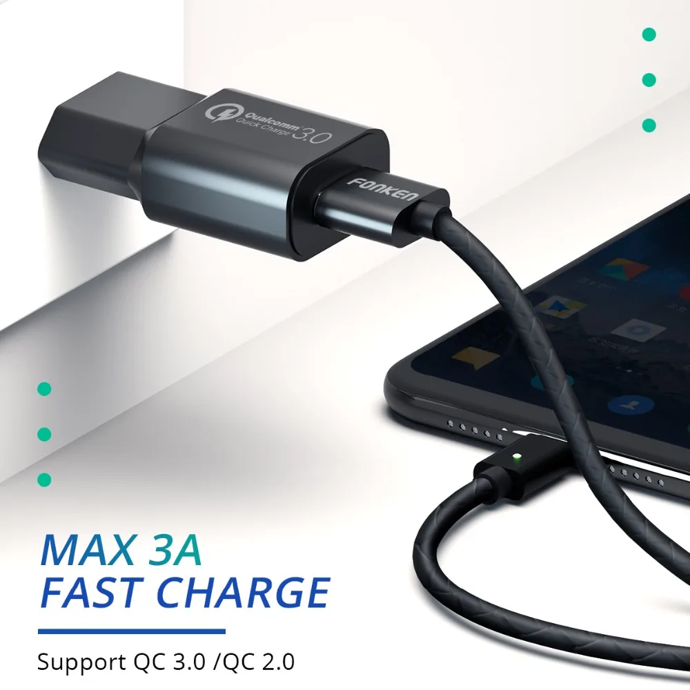 Магнитный кабель FONKEN USB C Micro быстрая зарядка для iphone 3A 2 м быстрое зарядное
