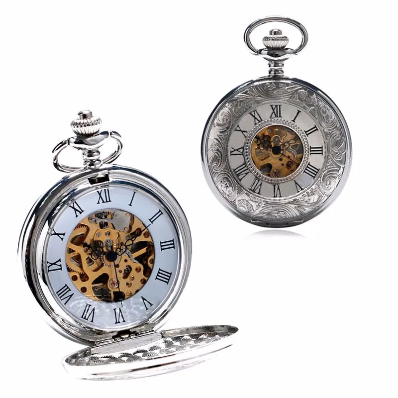 Роскошные Серебристые полуавтоматические Механические карманные часы с двойным