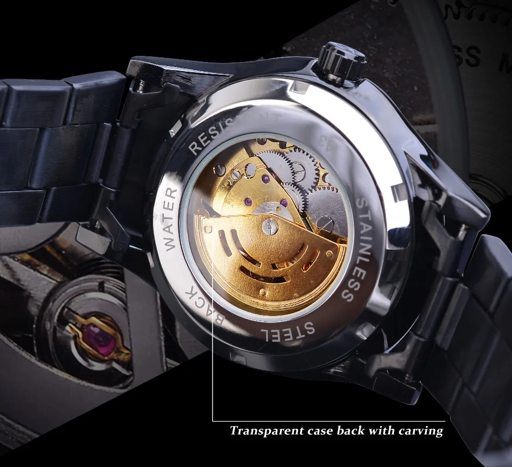 Часы-Скелетон Winner, новинка, спортивные механические часы Montre Homme, черные часы со стальным ремешком, мужские деловые автоматические часы