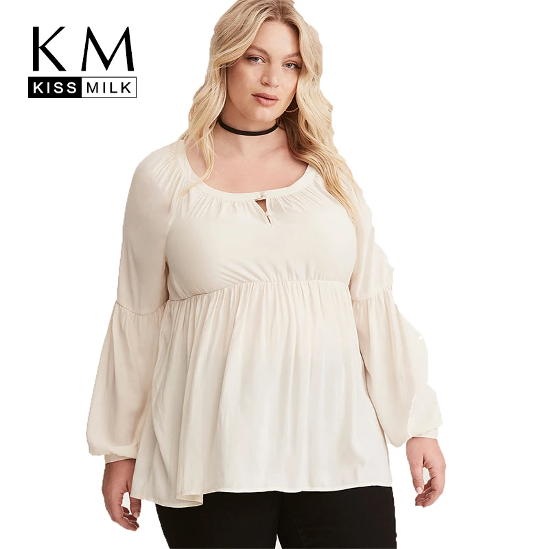 Kissmilk Women Plus Size Hollow Out Button Shirt Long Sleeve Solid Loose Basic Tops Lantern Sleeve Large Size Casual Shirt