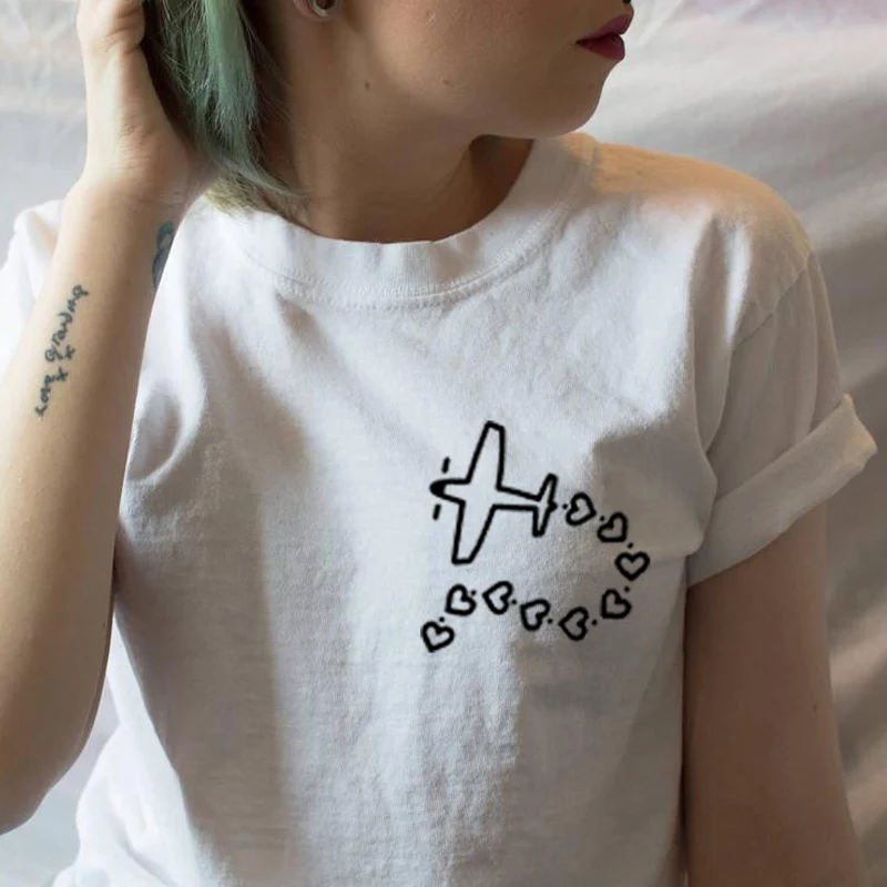 Zjlvmf Airplane Heart Women T-shirt Cotton Casual Fashion Loose Funny Tshirts Short Sleeve Big Size O-neck Harajuku Tshirt Women