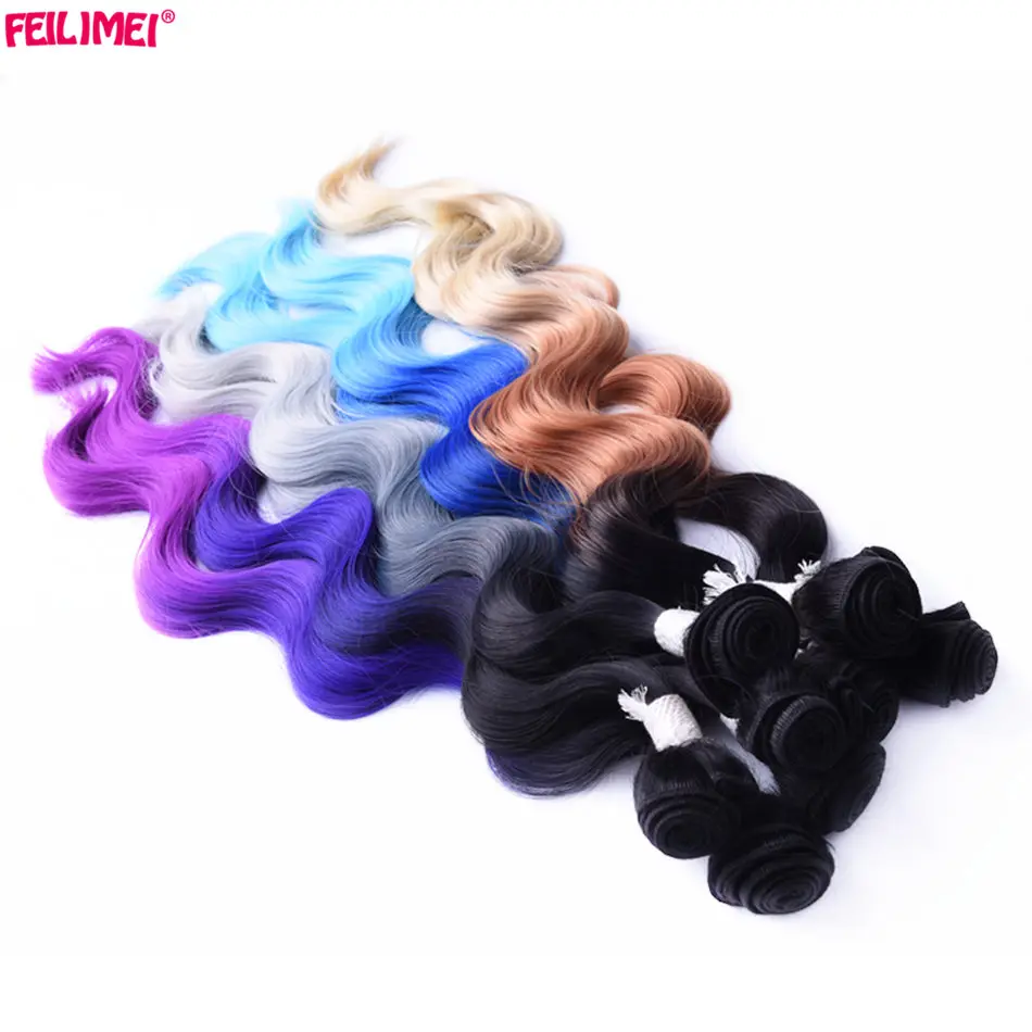 

Feilimei 18inch 20inch 22inch 3bundles Synthetic Hair 3Tone Ombre Blonde Gray Blue Purple High Temperature Fiber Body Wave Weave