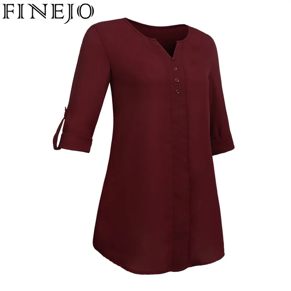 FINEJO женская блузка Blusas топы однотонные на каждый день пуговицах v образный вырез
