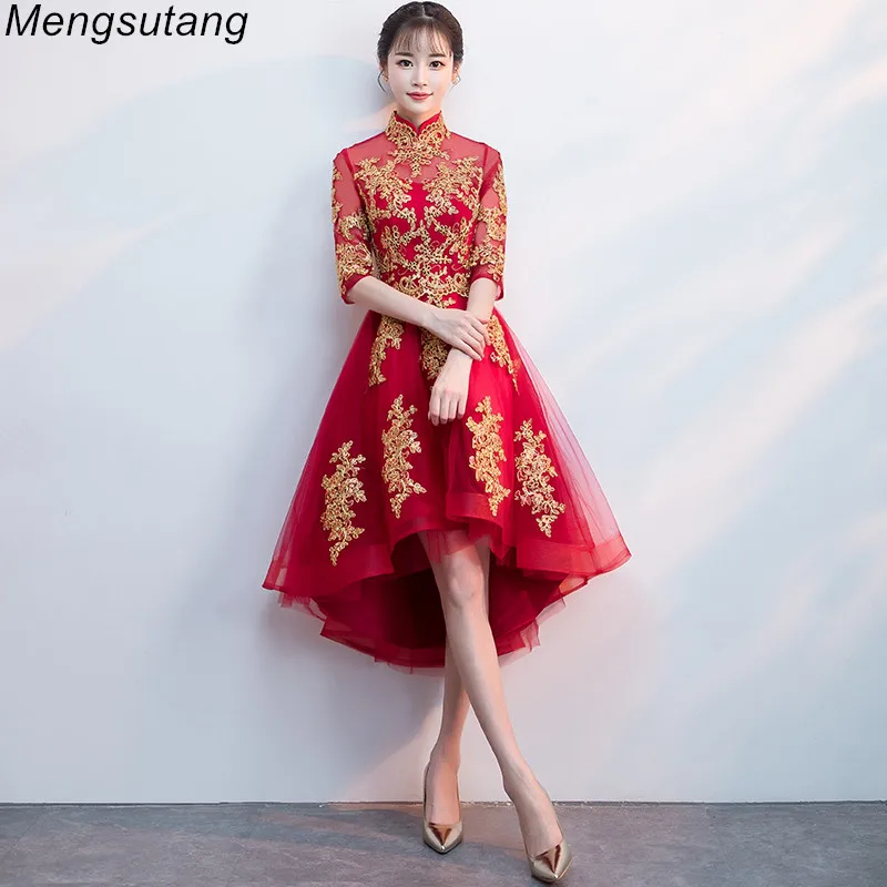 

Robe de soiree New Wine Red Tulle lace vestido de festa evening dress Appliques Short Front Long Back Party Dresses prom dresses