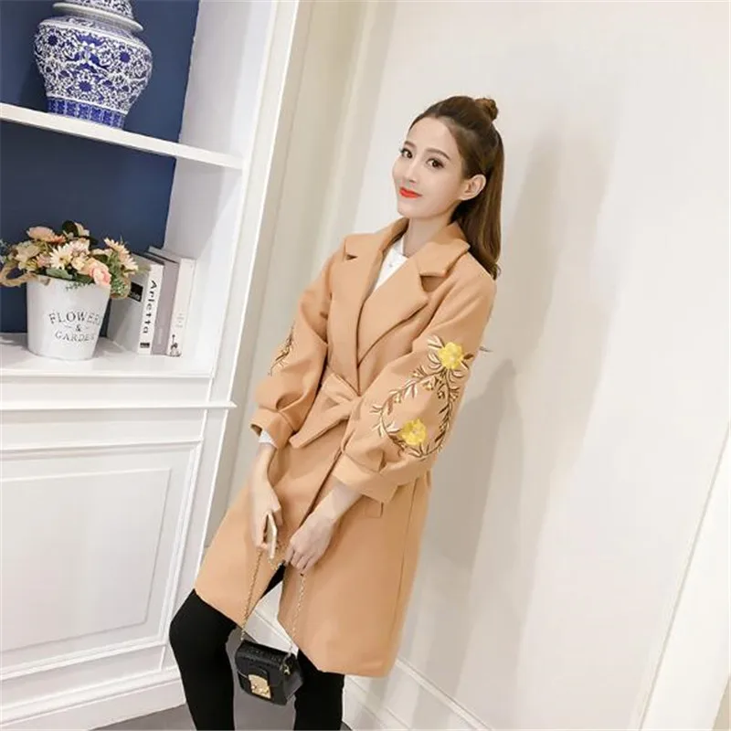 

new Woolen Jacket Embroidered women Windbreaker Autumn Winter women Woolen coat female Long Loose outerwear with belt slim tops