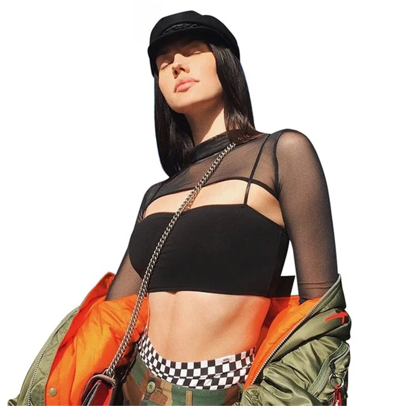 NuoJin Mesh Crop Top Для женщин топы See Through с длинным рукавом футболки для выдалбливают