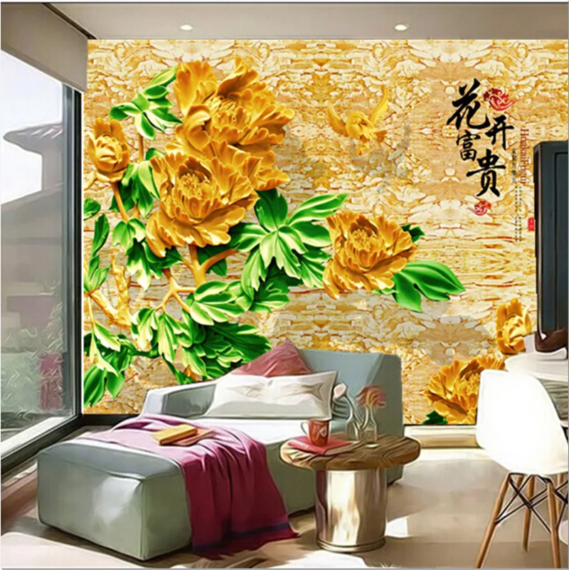 

Обои на заказ, 3D стерео нефритовые фрески, золотой цветок пиона в китайском стиле, обои для гостиной, дивана, телевизора, спальни