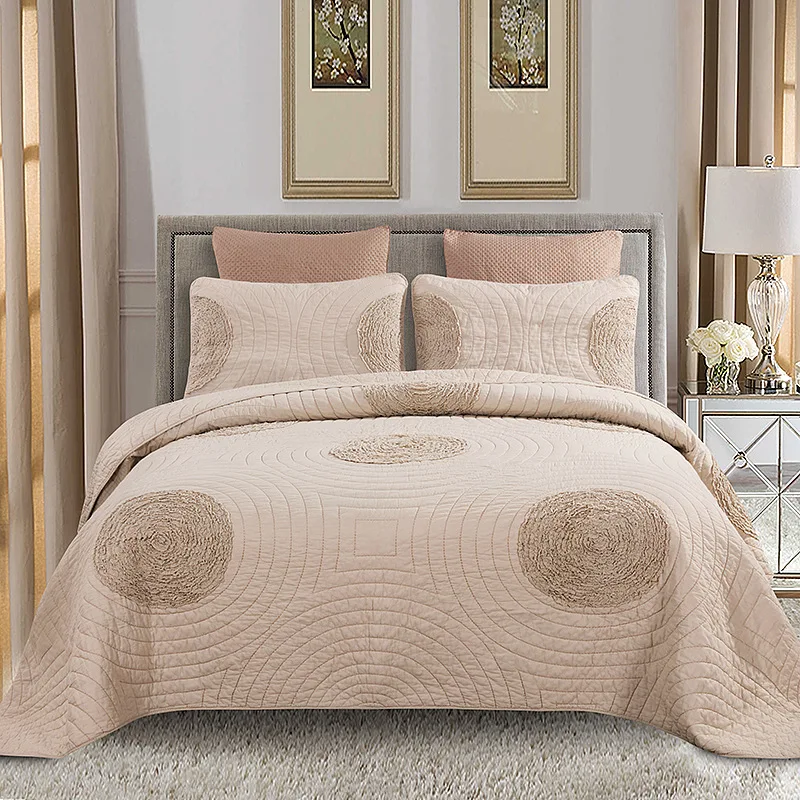 

CHAUSUB Beige Cotton Quilt Set 3PCS Bedspreads for Bed Europe Applique Bed Cover with 2 Shams King Queen Size Summer Blanket