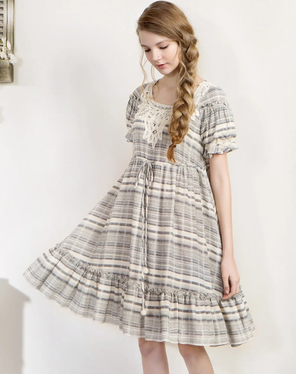 Женское Хлопковое платье трапеция ARTKA свободное клетчатое с круглым вырезом