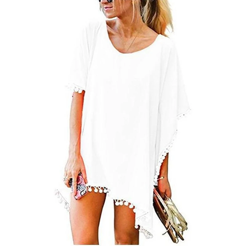

2018 Summer New Fashion Women Tassel Casual Loose Blouses Short Sleeve O-neck Solid Shirts Tops Ladies Clothing Blouse 12 Color