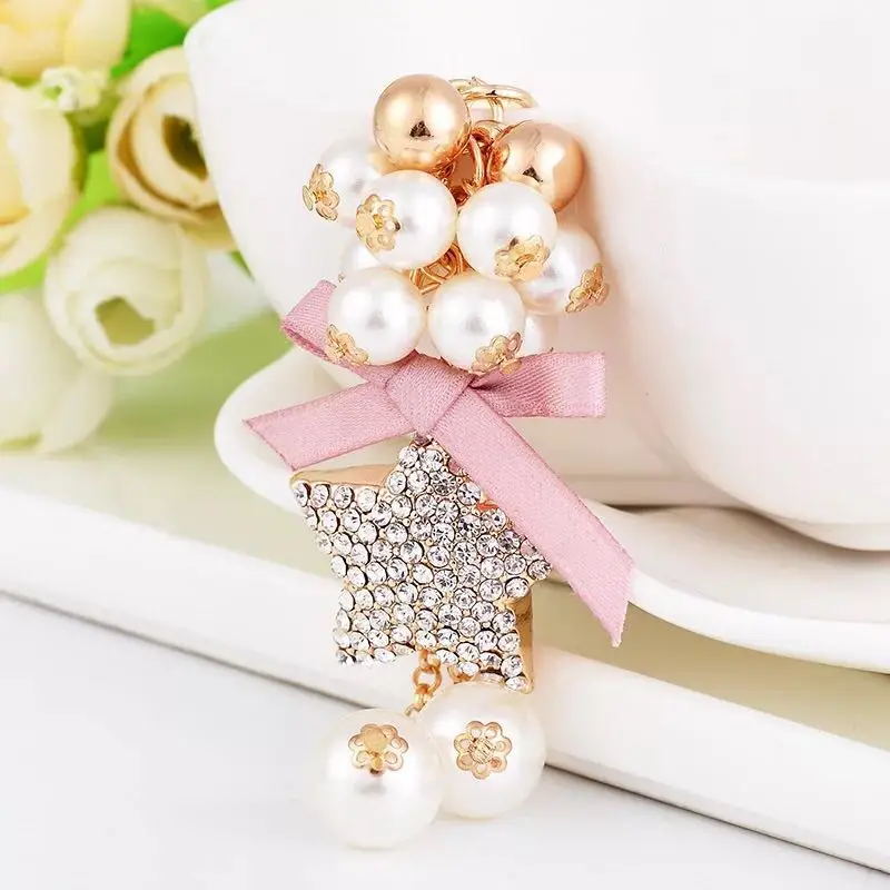 New crystal beaded bow keychain star pendant car key ring fashion creative five-pointed chains | Украшения и аксессуары