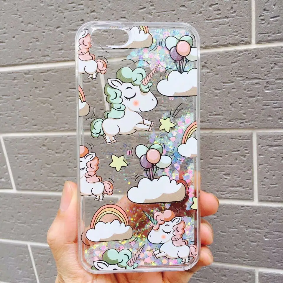 Lovely Cartoon Unicorn Clouds liquid Quicksand Case For iPhone 7 6 6S Plus Hard Animal Phone Cover Back Capa |