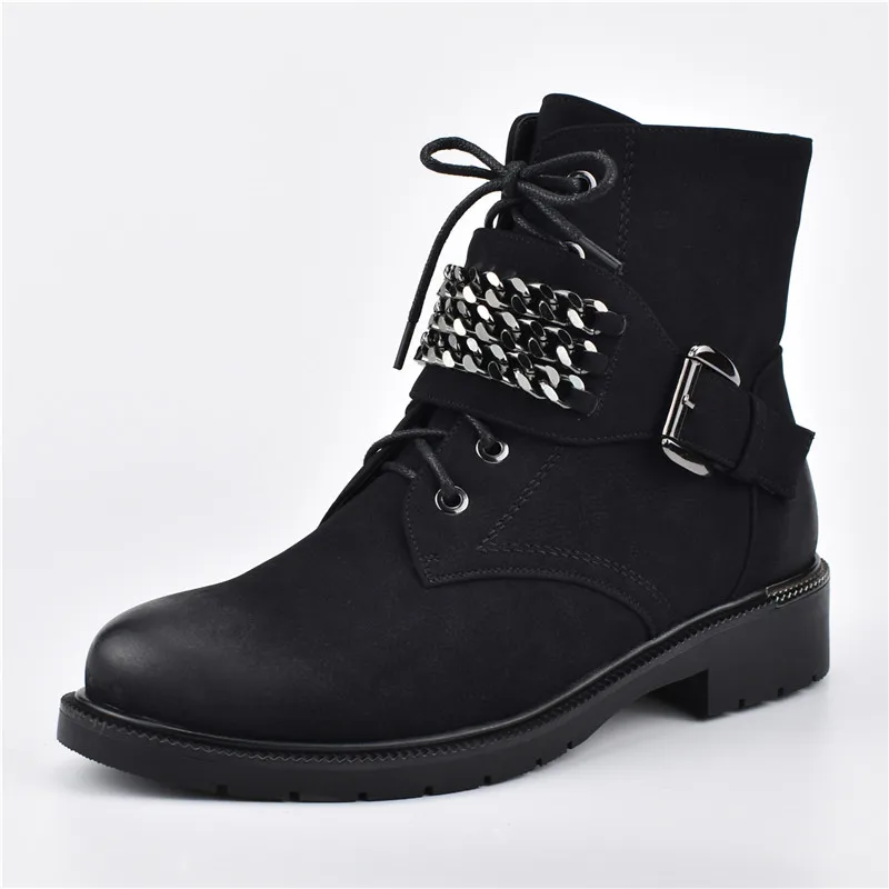 Odetina New Fashion Autumn Winter Women Chunky Low Heel Ankle Boots With Chains Lace Up Booties Side Zipper Warm Shoes Plus Size