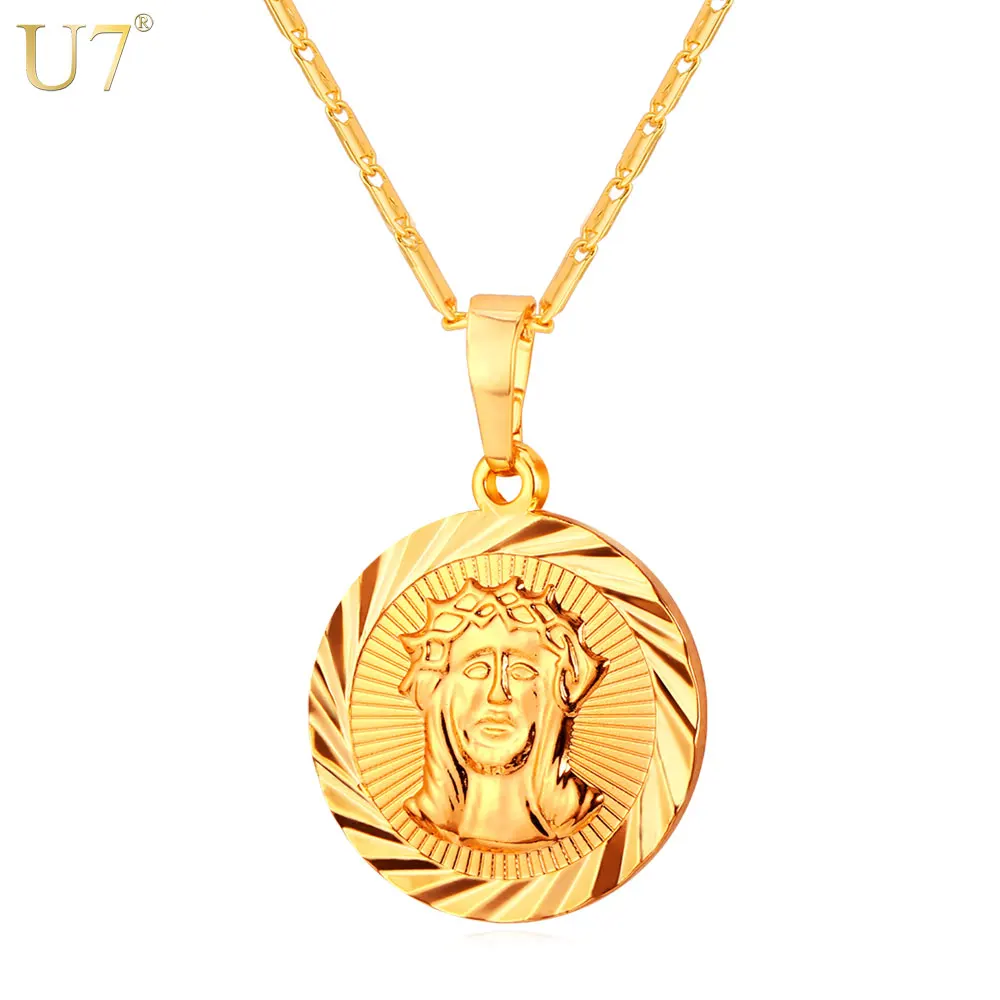 U7 Крест Иисус Кулон Ожерелье Позолоченная Круглая Монета Подвески Иисуса Для