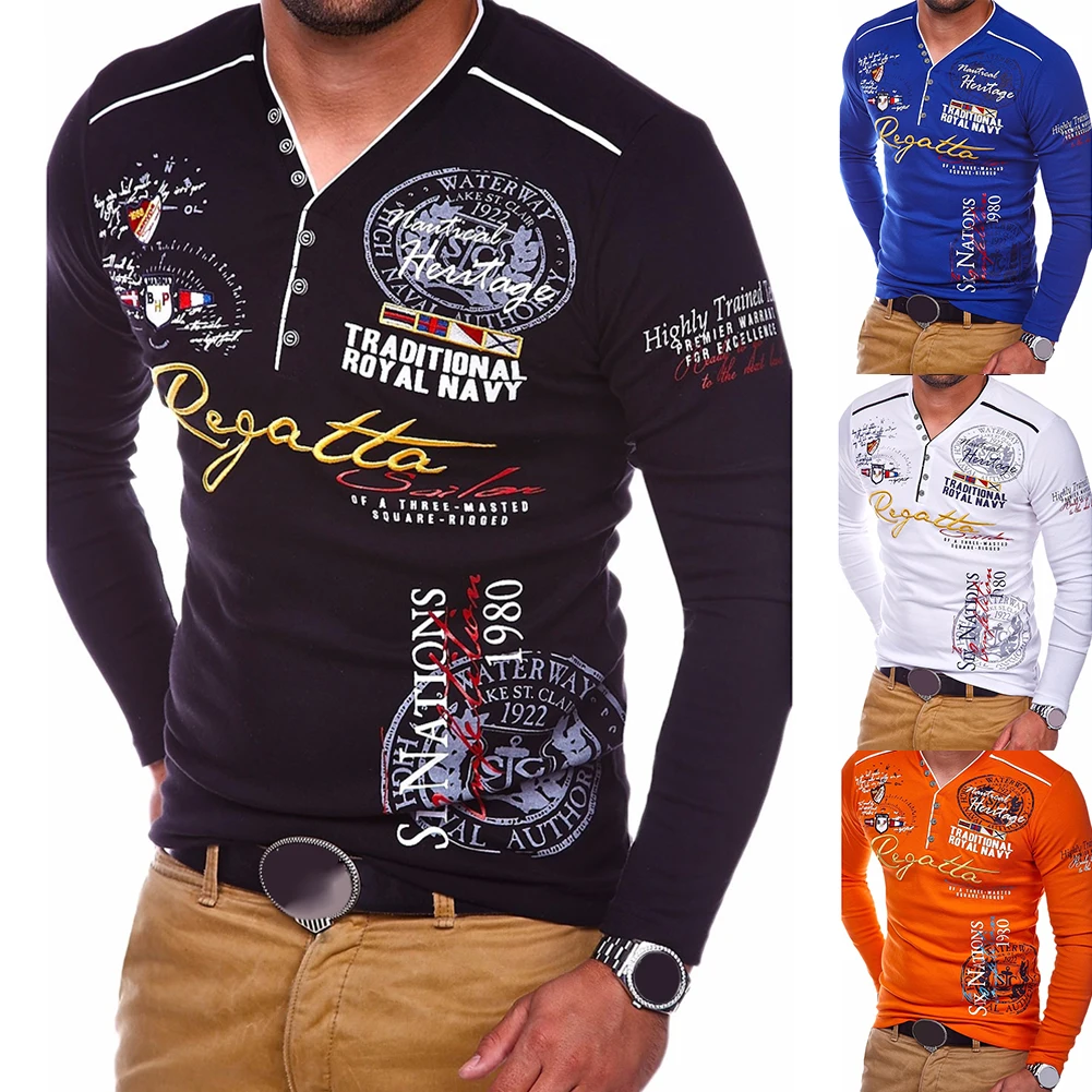 Мужская облегающая футболка с длинным рукавом v-образным вырезом и буквенным