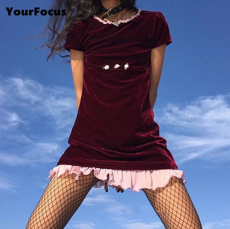 Robe femme ete ретро kawaii цветочное красное бархатное кружевное платье с коротким рукавом женское платье