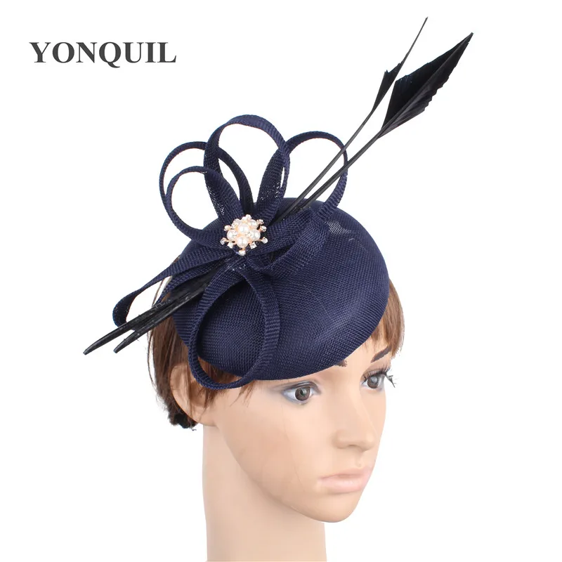 

Navy Blue Party Hats Sinamay Wedding Fascinators Elegant Lady Race Tea Headpiece Liene Hair Accessories Derby Fedora Hats SYF466