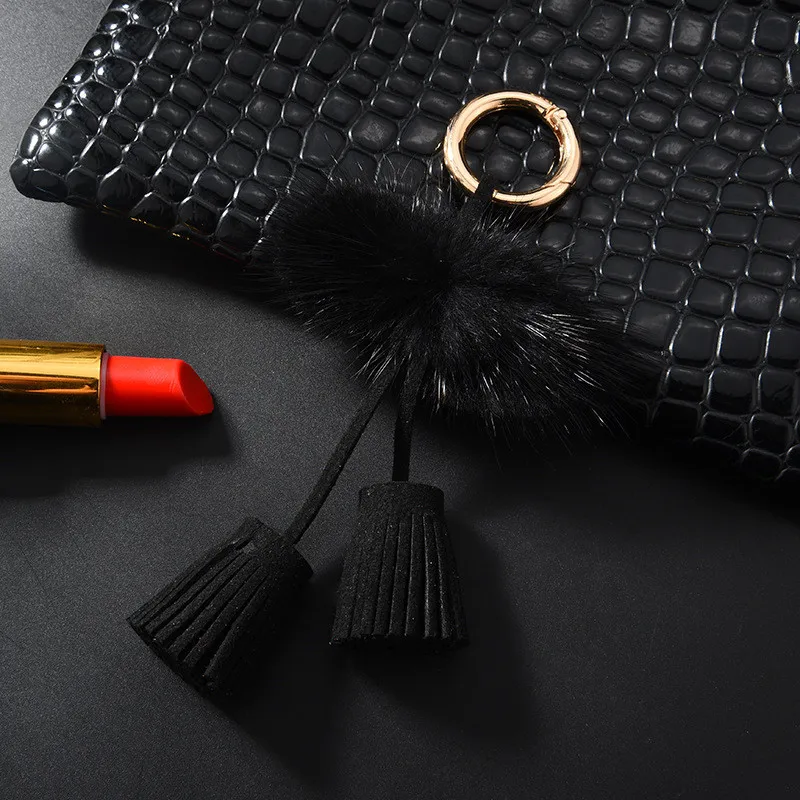 Black 1 шт. норковые волосы двойная веревка голова кожа кисточкой DIY Ювелирные изделия одежды декоративные аксессуары цепочки для ключей Сумочка Подвеска для изготовления кисточкой - Цвет: Black