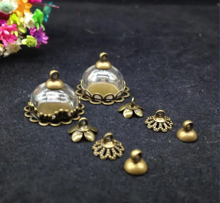 

100sets/lot15mm half ball 15mm Glass Bubble & double lace/crown base set beads cap DIY glass cover vials pendant glass bottle