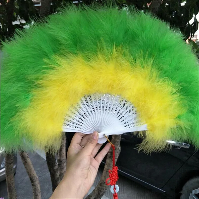 green and yellow Многоцветный китайский стиль перьевой вентилятор для танцев реквизит свадебный подарок ручной вентилятор складной Вентилятор 50X30 см - Цвет: green and yellow