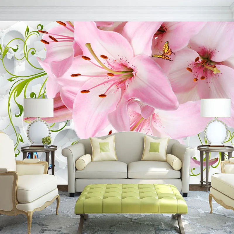

Custom Wall Cloth 3D Lily Flower Butterfly Modern Wallpaper For 3D Living Room Sofa TV Background Photo Mural Papel De Parede 3D